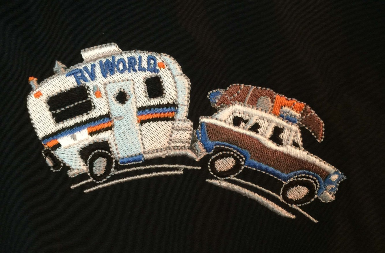 Embroidered cartoon of car and trailer