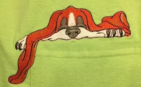 Embroidered "Pocket Puppy" on tee shirt